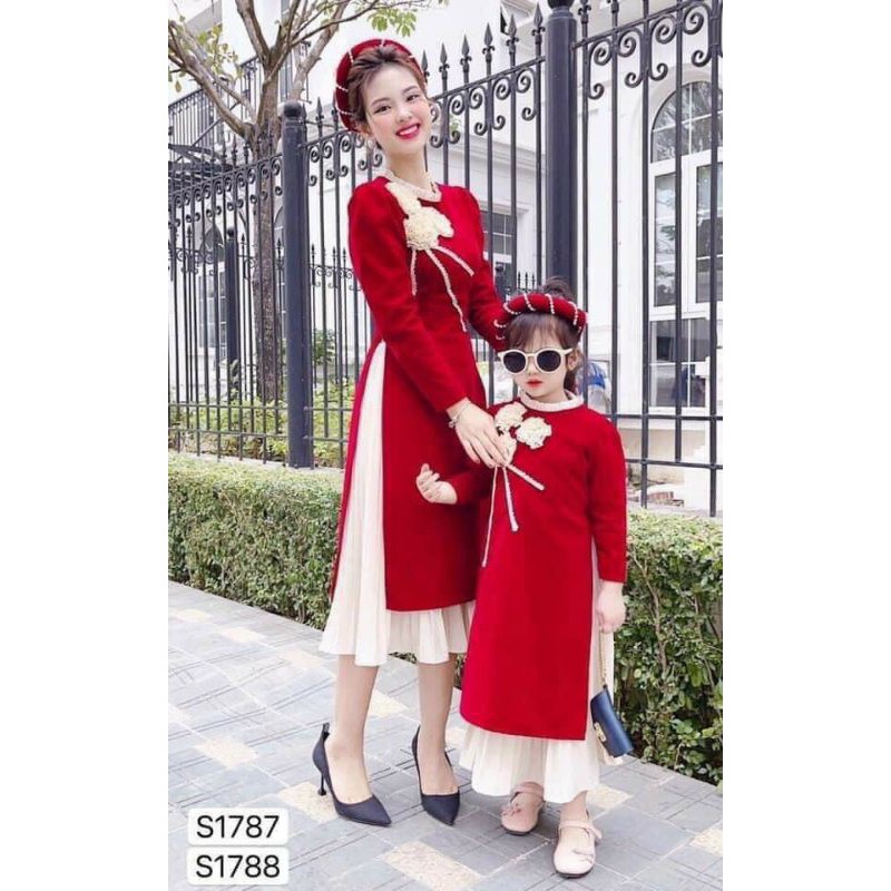 BÁN SỈ SET ÁO DÀI NHUNG ĐỎ 3 HOA CHO MẸ VÀ BÉ