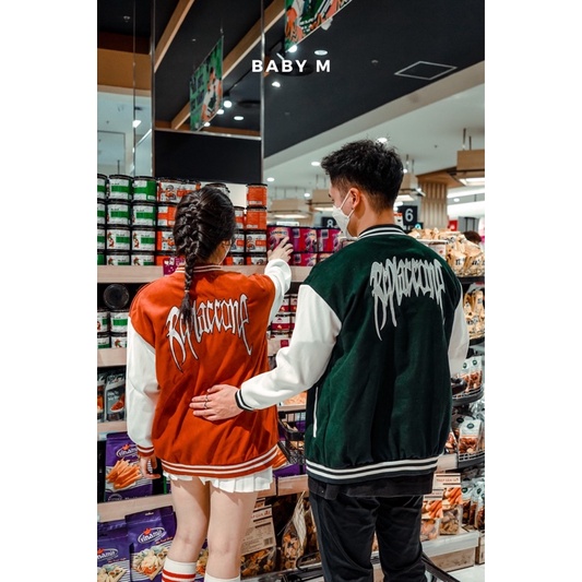 Áo khoác bomber bóng chày cặp đôi mùa đông cho nam và nữ màu xanh lá cây đỏ cam Baby M