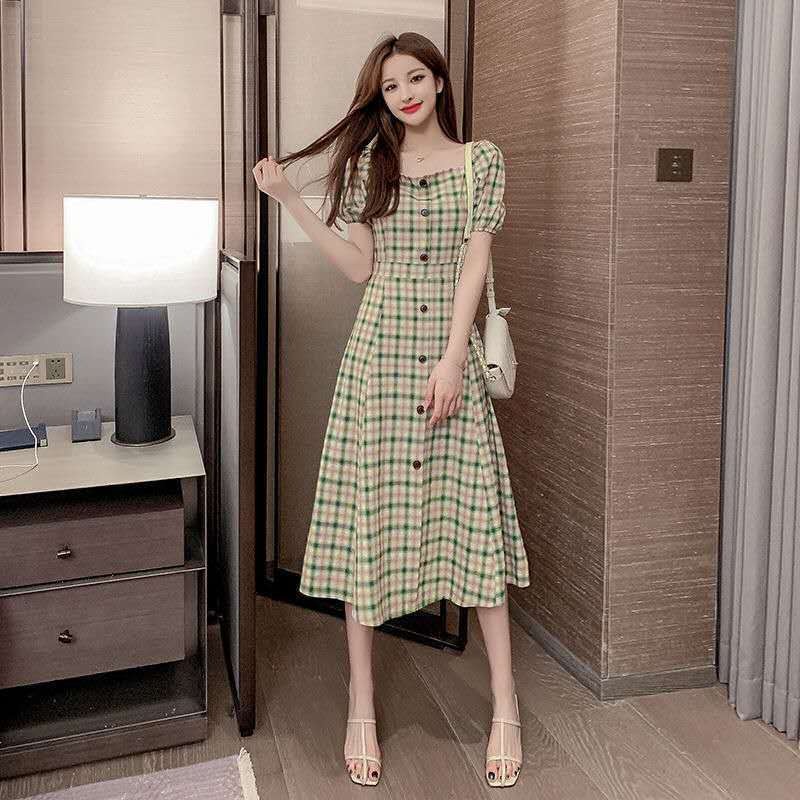 Đầm Tay Phồng Họa Tiết Sọc Caro Thời Trang Pháp Cho Nữ