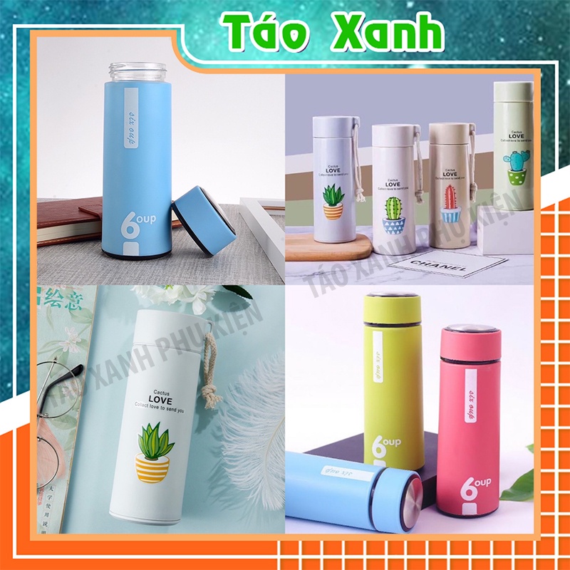 Bình Nước Thủy Tinh Có Lớp Nhựa Chống Nóng Giữ Nhiệt 450ml - Bình 6oup Xương Rồng