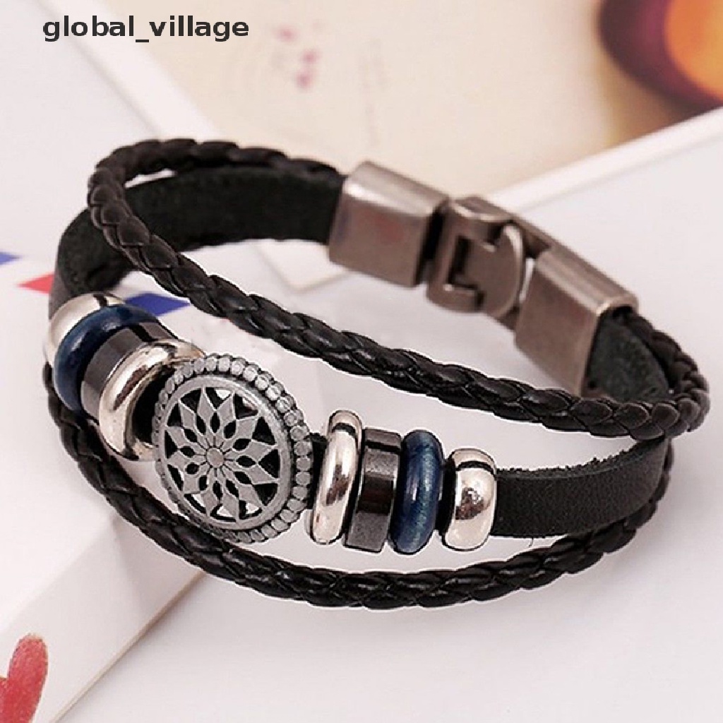 < Global_village > Vòng Tay Da Pu Mặt Cực Kỳ Phong Cách Punk Cổ Điển Cho Nam Và Nữ (HOT)