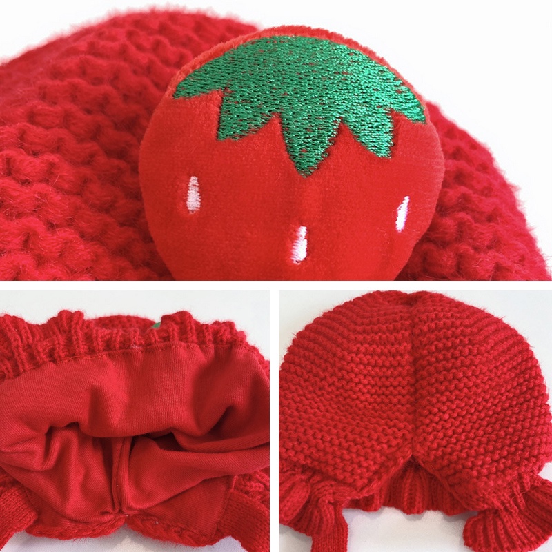 Mũ trùm đầu dệt kim màu trơn đính quả dâu tây dễ thương cho bé gái