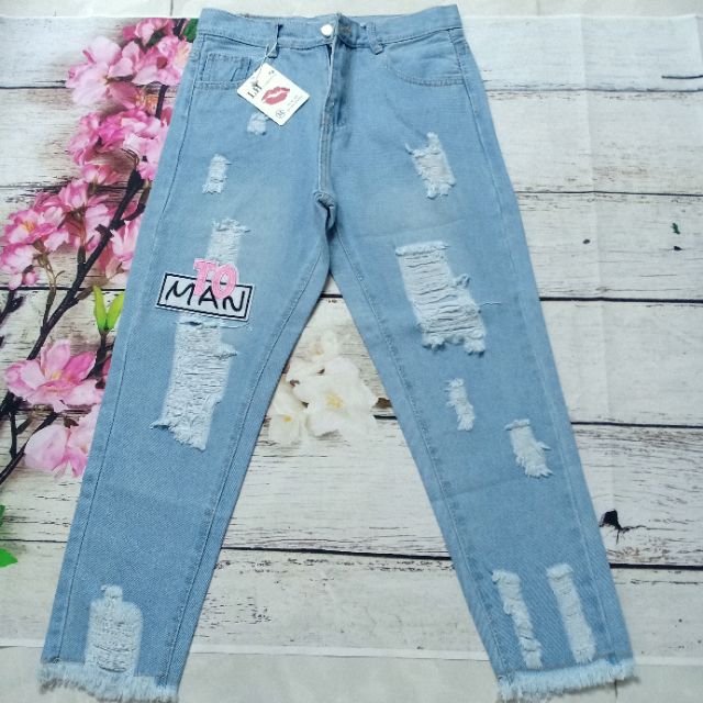 Quần jeans baggy rách gối tua lai loại 9 tấc