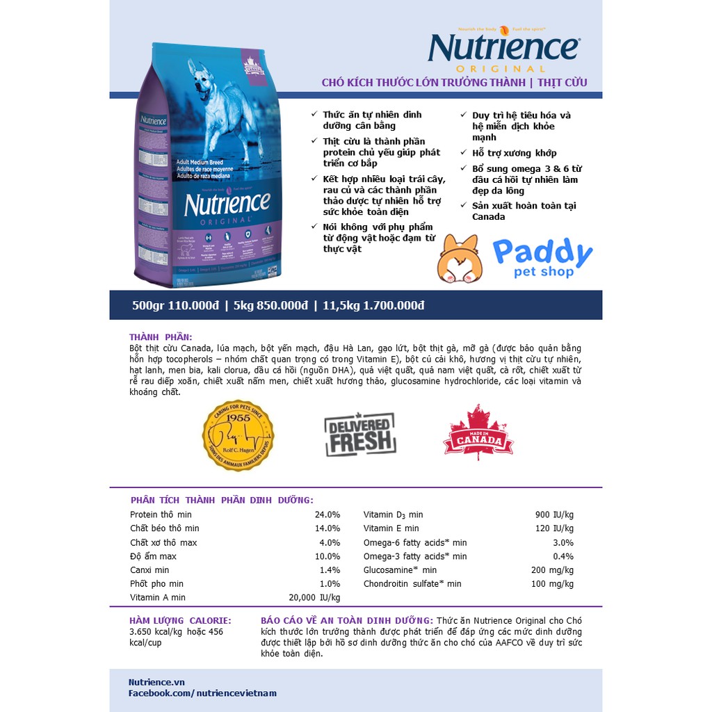 [500g] Hạt Nutrience Original Cho Chó Trưởng Thành Size Lớn - Cừu &amp; Rau Củ Quả