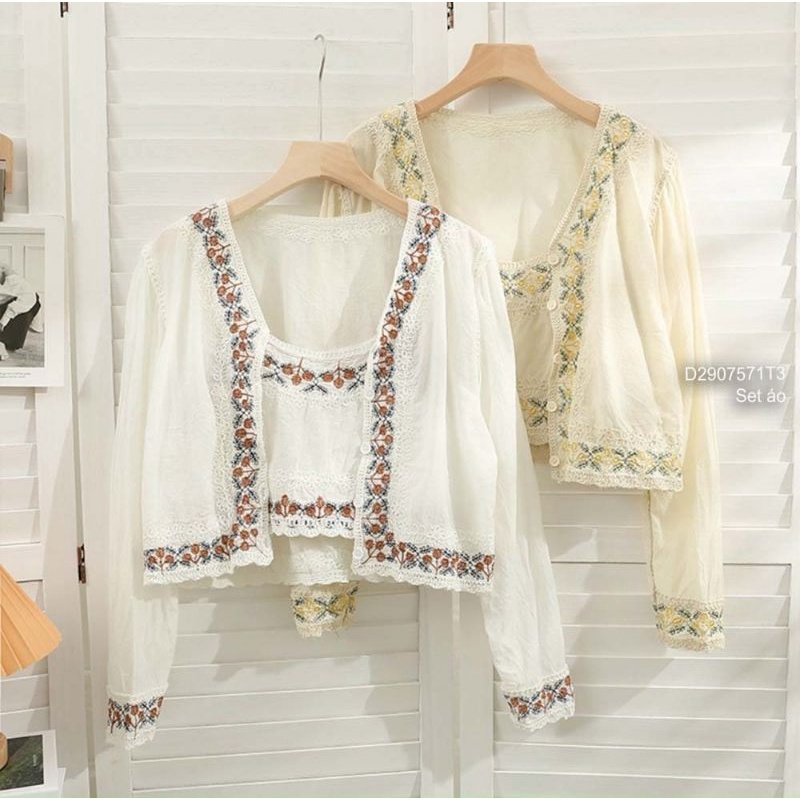 Set áo viền hoa kèm khoác viền hàng nhập QC!