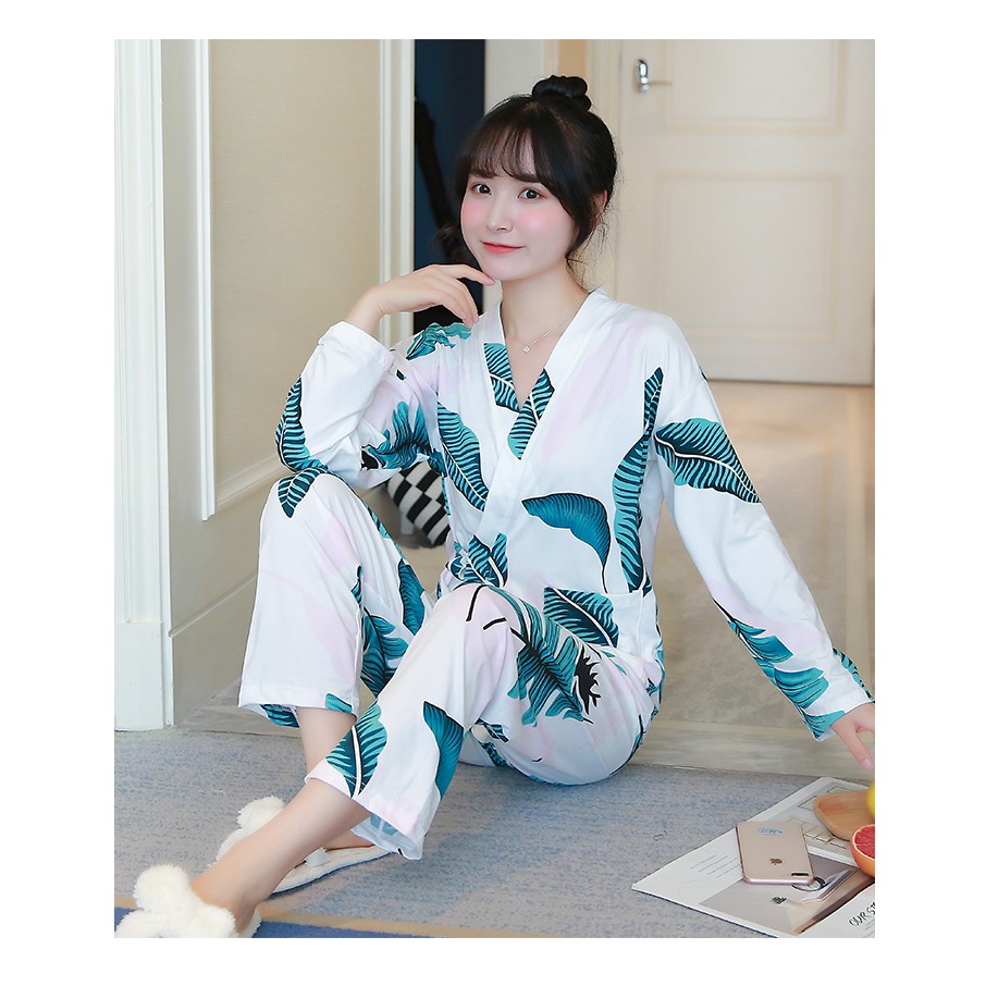 Bộ kimono hoa cotton mặc sau sinh dài  Ivysweethome Cotton65/35IVY253