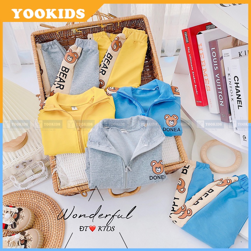 Bộ thu đông cho bé YOOKIDS khóa kéo chất da cá mềm ấm in hình gấu siêu xinh, Quần áo thu đông cho bé  1 2 3 4 tuổi