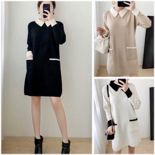 Váy len tiểu thư dáng suông. Áo váy len lông thỏ (Sẵn/Có hình thật)