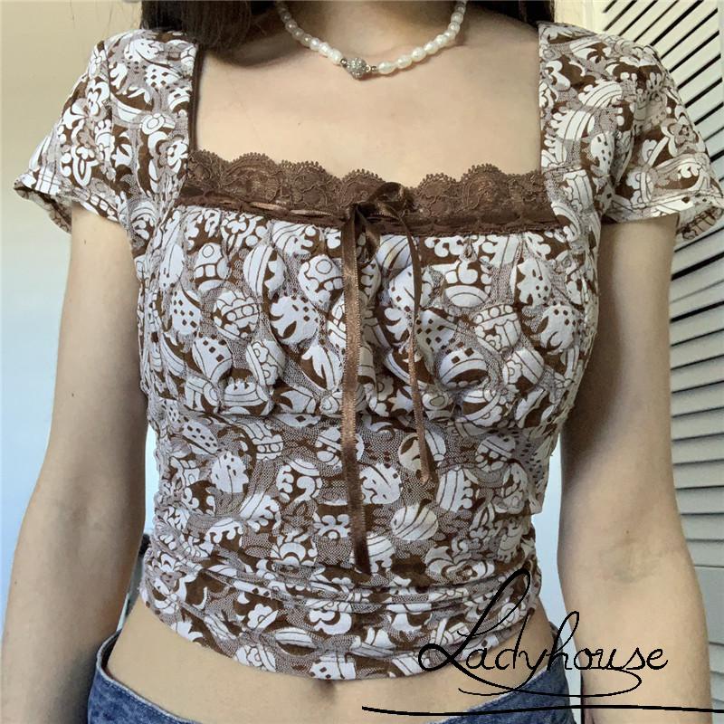 Áo Croptop Tay Ngắn Cổ Vuông In Họa Tiết Cổ Điển Dành Cho Nữ
