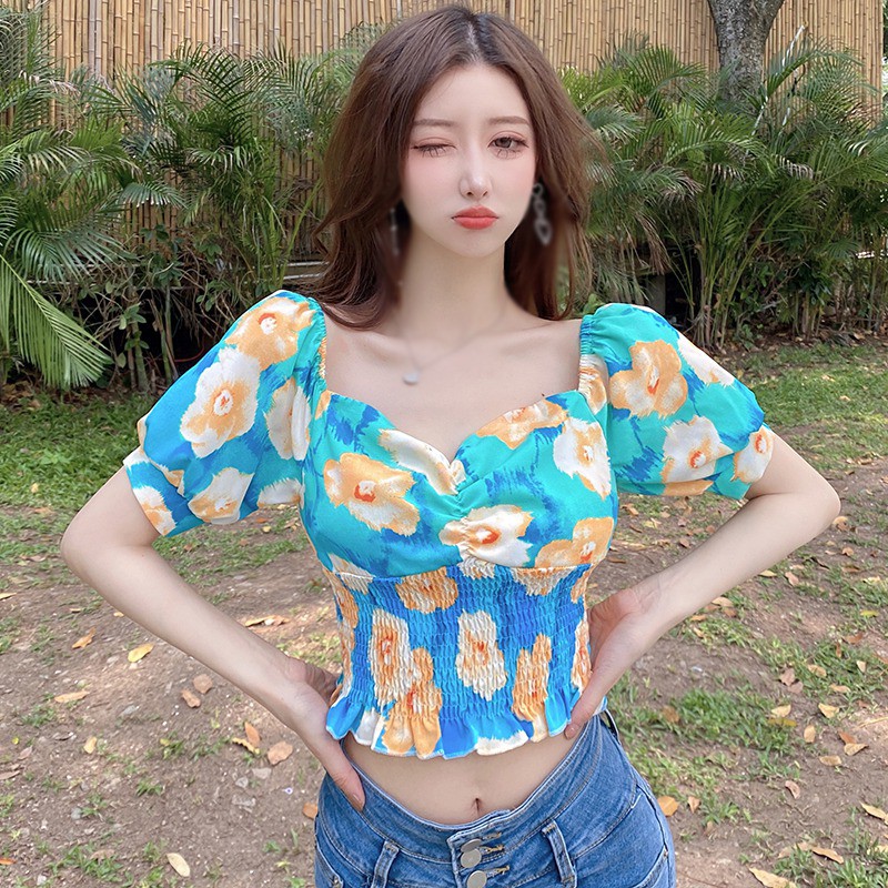 Áo Croptop Chất Chiffon Hoạ Tiết Hoa Thiết Kế Ngọt Ngào Cho Nữ