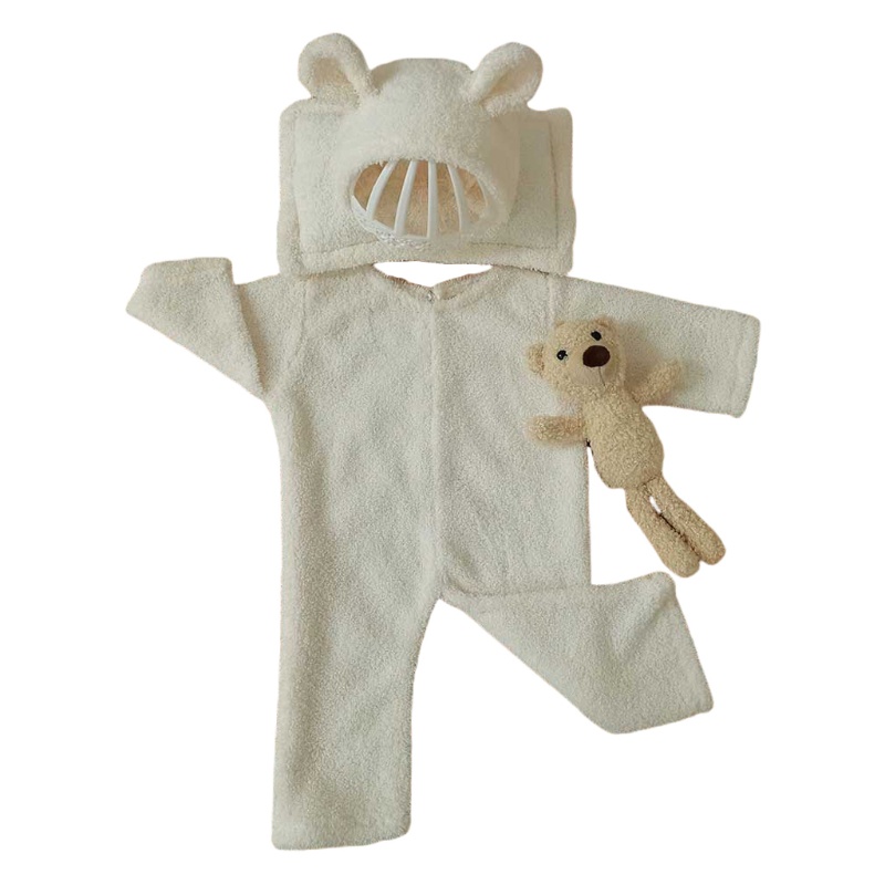 Bộ 4 Món Áo Liền Quần + Nón + Gấu Nhồi Bông Giữ Ấm Dùng Chụp Ảnh Cho Bé