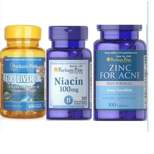 Combo trị mụn, da sần kiềm dầu Puritan's Pride bộ 3 niacin, zinc for acne, cod liver oil 100v