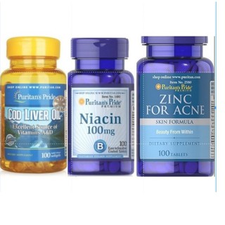 Combo ngừa mụn, da sần kiềm dầu Puritan's Pride bộ 3 niacin, zinc for acne, cod liver oil 100v