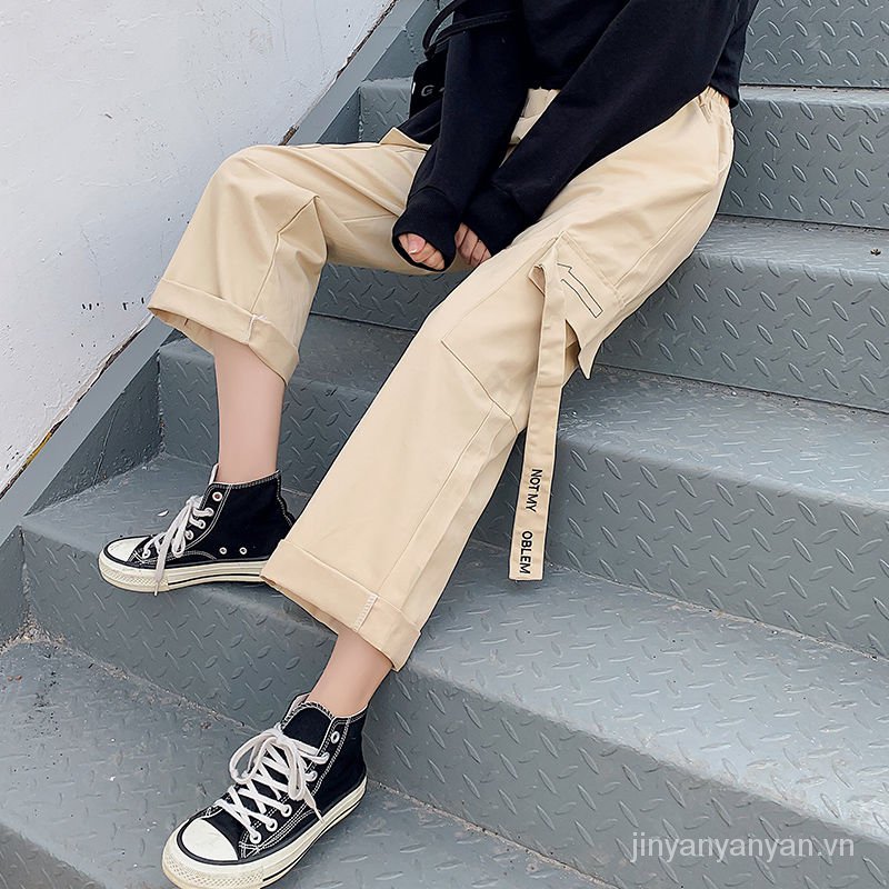 Overalls Female Students Korean Style Baggy Straight Trousers2020Summer New High Waist Pure Cotton Casual Wide-Leg Cropped Pants