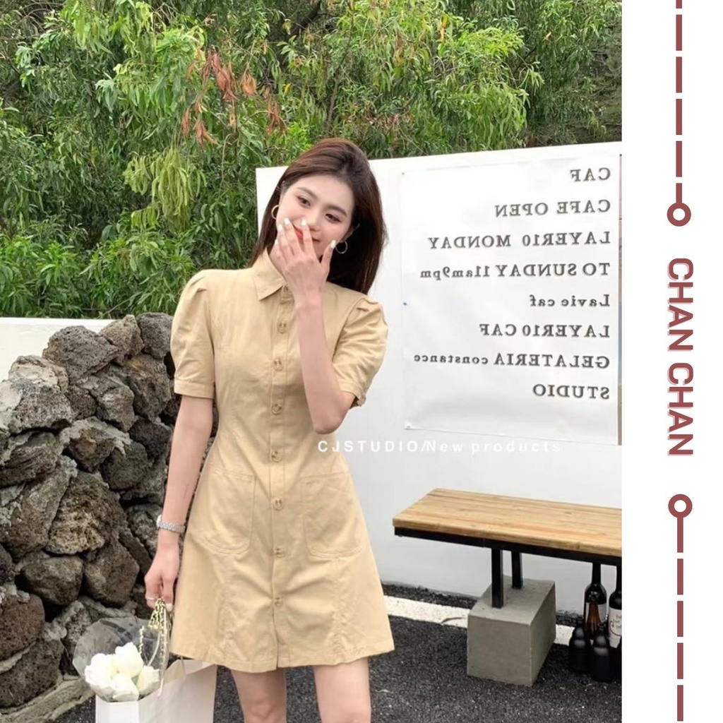 Váy Cổ Sơ Mi Túi Hộp Có Chun Lưng