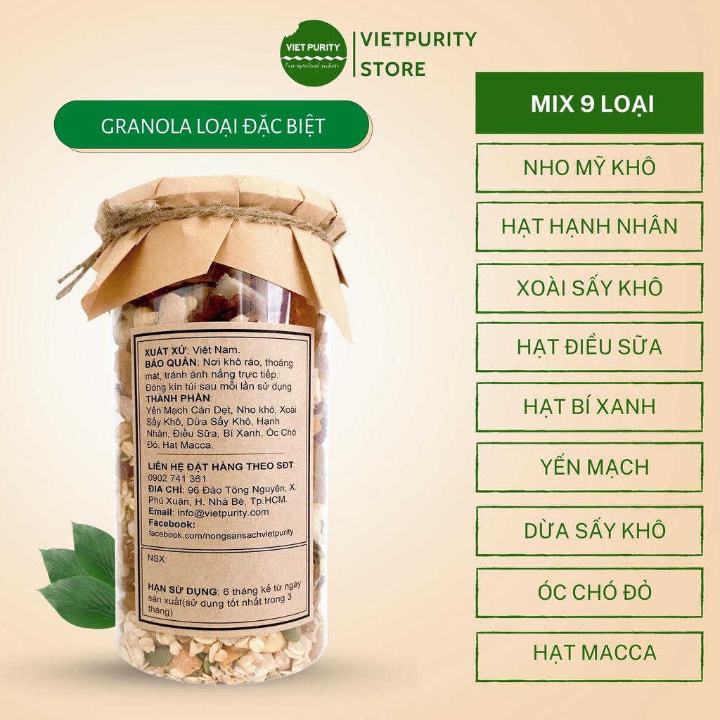 Granola siêu hạt ngũ cốc ăn kiêng giảm cân eatclean healthy ăn thô tốt cho bà bầu Vietpurity loại 500g