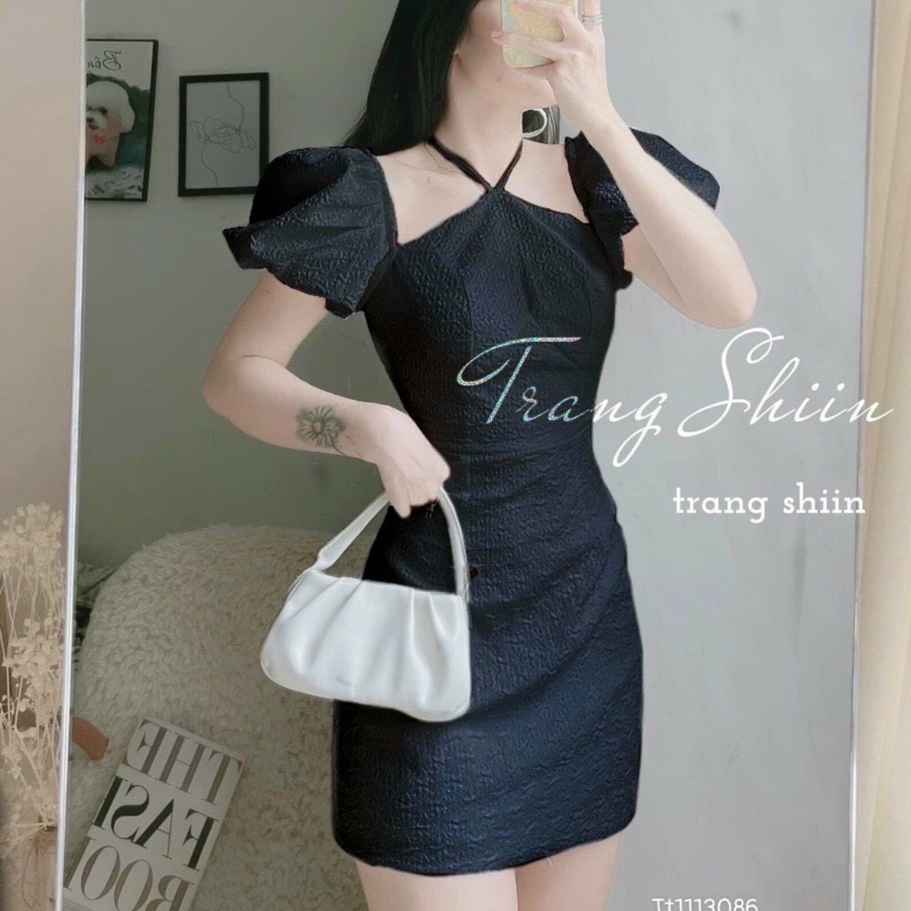 Đầm tiểu thư tay phồng Tibu, Váy Nữ hở vai phối cổ yếm dễ thương hai màu đen trắng thích hợp dự tiệc đi chơi