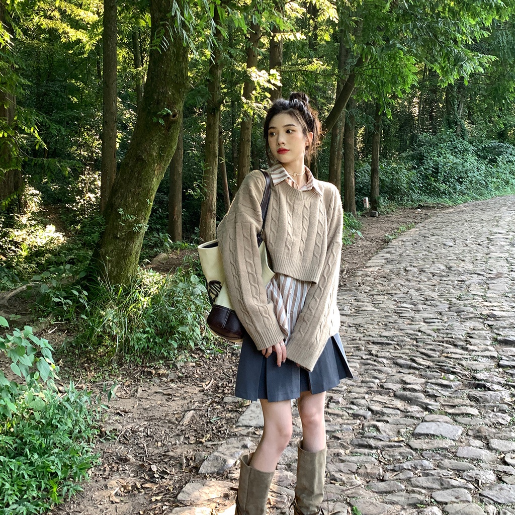 Áo sweater SUXI vải dệt kim tay dài cổ tròn màu sắc đơn giản phong cách Hàn Quốc thời trang mùa thu cho nữ