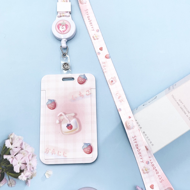 Bộ Kẹp Thẻ Kèm Dây Tự Động Cân Bằng Dâu Tây / Bơ Dễ Thương Cho Nữ Sinh
