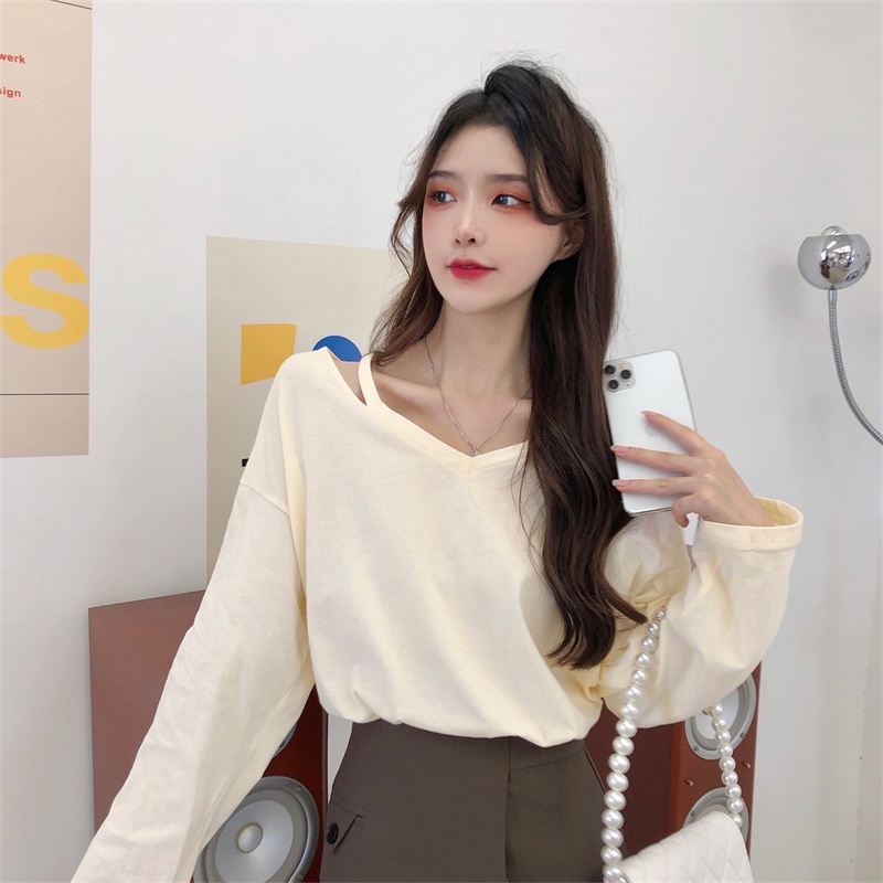 ZHELIHANGFEI Áo Thun Tay Dài Cổ Chữ V Form Rộng Kiểu Dáng Đơn Giản Dễ Phối Đồ