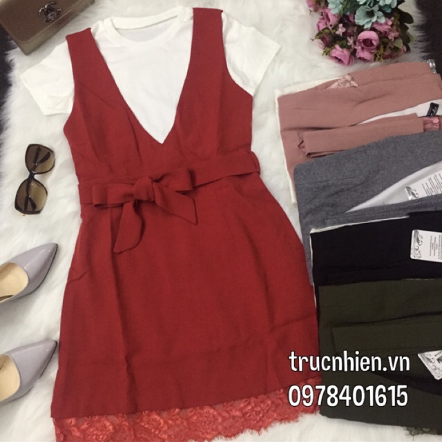 Sét đầm chữ A kèm áo trong tà phối ren