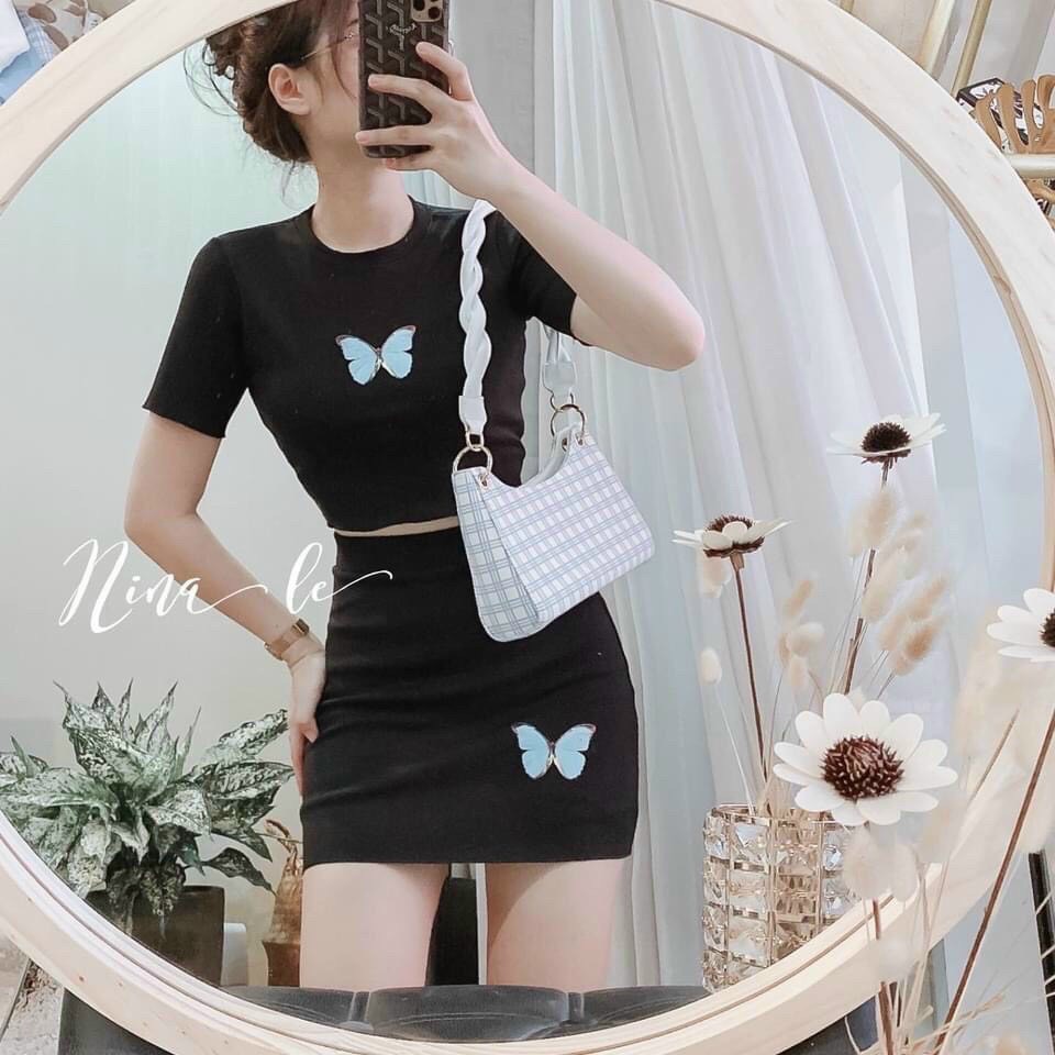 Set váy croptop body hack dáng, áo croptop kèm chân váy ngắn thêu hình ấn tượng