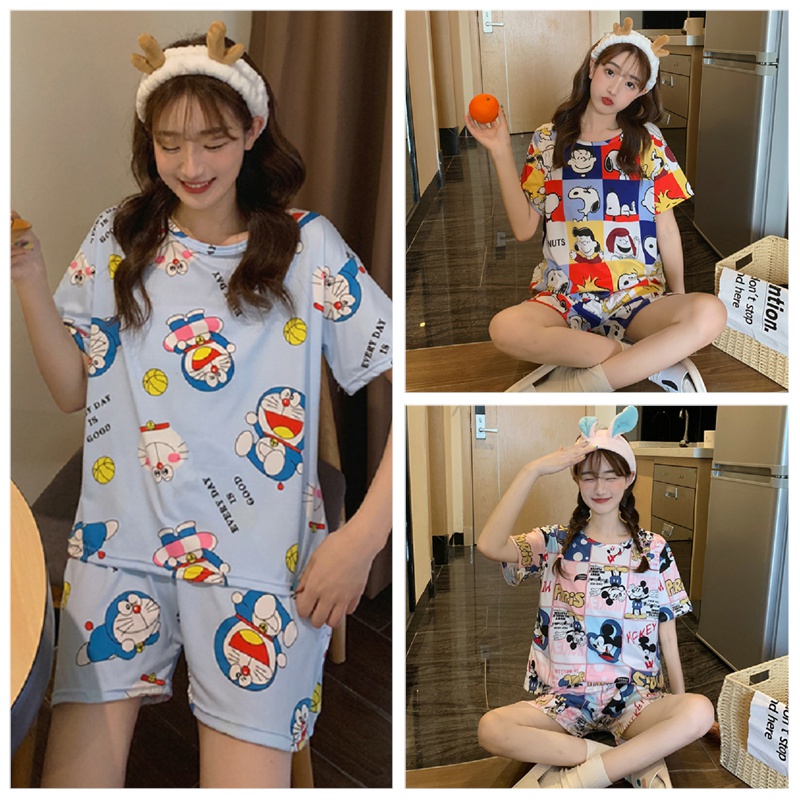 Set Đồ Ngủ Ngắn Tay In Hình Doraemon Dễ Thương Cho Nữ