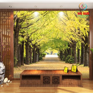 Tranh dán tường 3D mùa thu vàng con đường - vải lụa phủ kim sa (Kích thước theo yêu cầu)