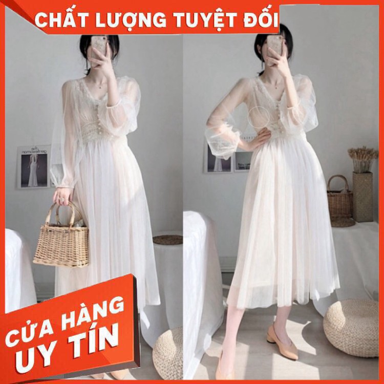 Váy ren trắng công chúa dáng dài tay bồng hàng loại 1. Váy trắng thiết kế cao cấp chụp kỉ yếu - Hàng nhập khẩu