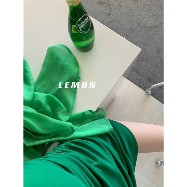 SET ĐẦM XANH NHÚN RÚT DÂY HÔNG KÈM KHOÁC SƠ MI
