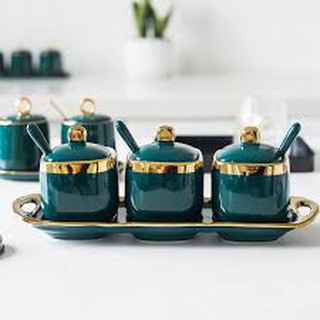 Bộ hũ đựng gia vị xanh lục bảo viền vàng cao cấp