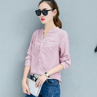 Áo sơ mi sọc cổ V cách điệu (M, L)