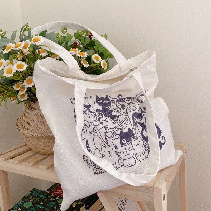 Túi tote vải canvas đeo vai mèo đen ảnh thật có khoá miệng