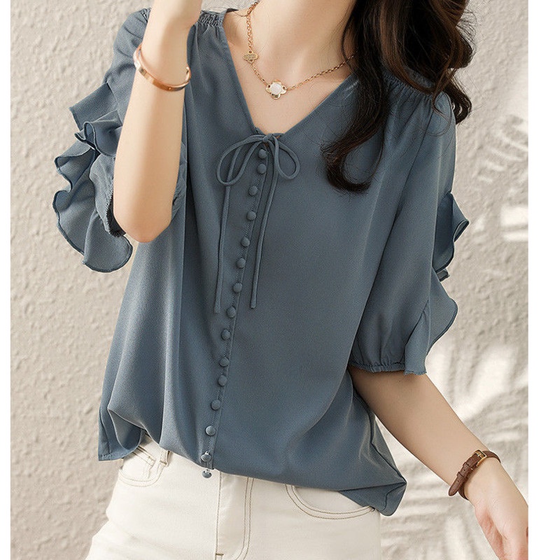 Áo Sơ Mi Ngắn Tay Phối Bèo Phong Cách Pháp 175286 Áo Sơ Mi Dáng Rộng Phong Cách Retro Cá Tính