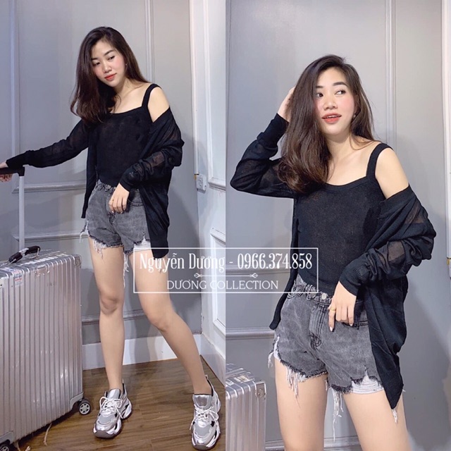 Áo khoác len caligan kèm áo hai dây len Quảng Châu