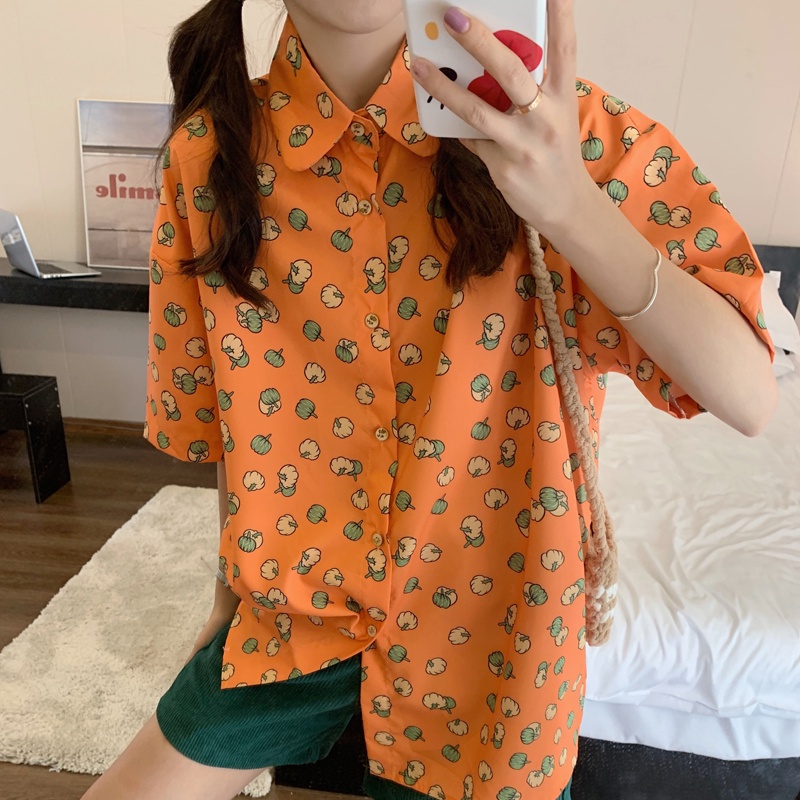 SUXI Áo Sơ Mi Tay Ngắn Dáng Rộng In Họa Tiết Trái Bí Ngô Dễ Thương Thời Trang Mùa Hè Cho Nữ