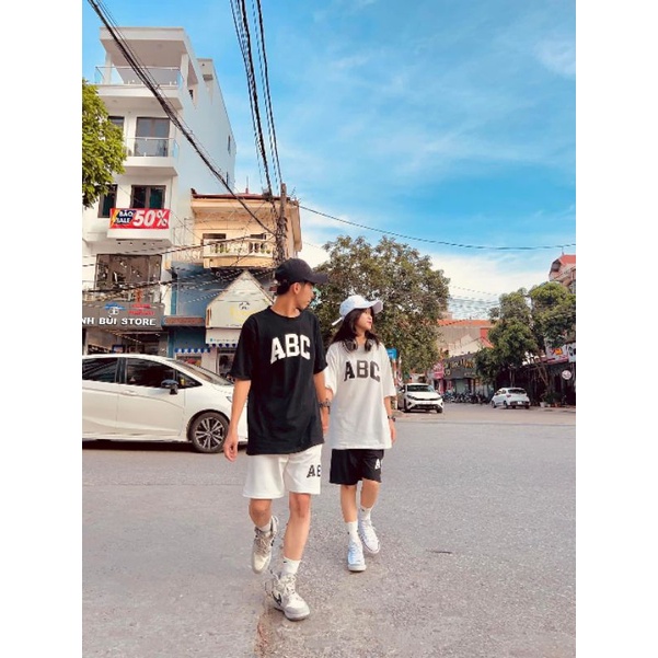 Sét đồ nam nữ Áo ABC unisex + quần short đùiChất cotton form thụng tay lỡForm &lt;55kg Bộ mặc nhà; đi chơi...