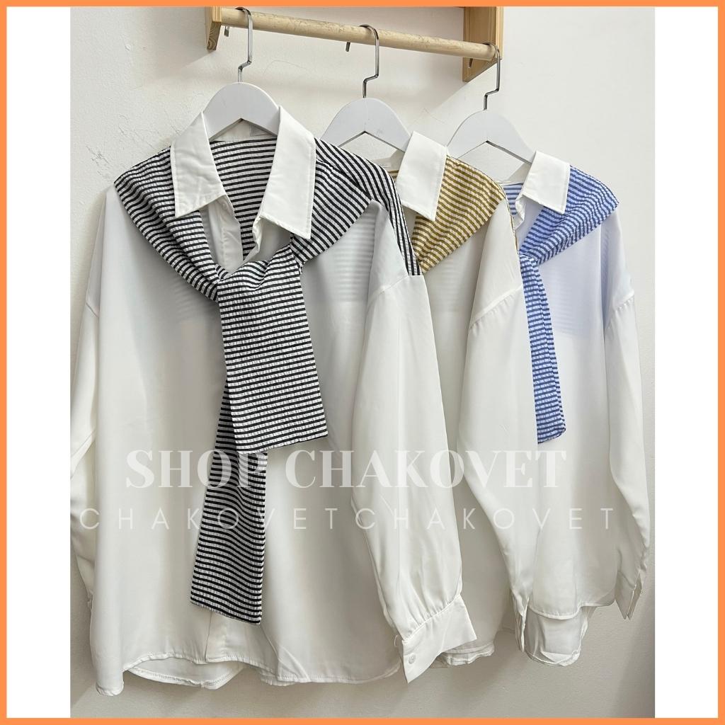 Áo sơ mi nữ dài tay kèm khăn A8422 Áo sơ mi trơn Style Hàn Quốc kèm khăn kẻ sọc Vintage cực sang chảnh - CHAKOVET