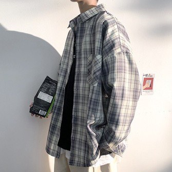 Áo sơ mi khoác ngoài tay dài dáng rộng kẻ ca-rô trẻ trung hợp thời trang cho nam