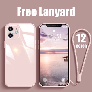 Ốp điện thoại silicon mặt kính cường lực màu macaron có dây cho iPhone 11 12 Pro MAX XS MAX XR X 6 6S 7+ 8 Plus SE 2020