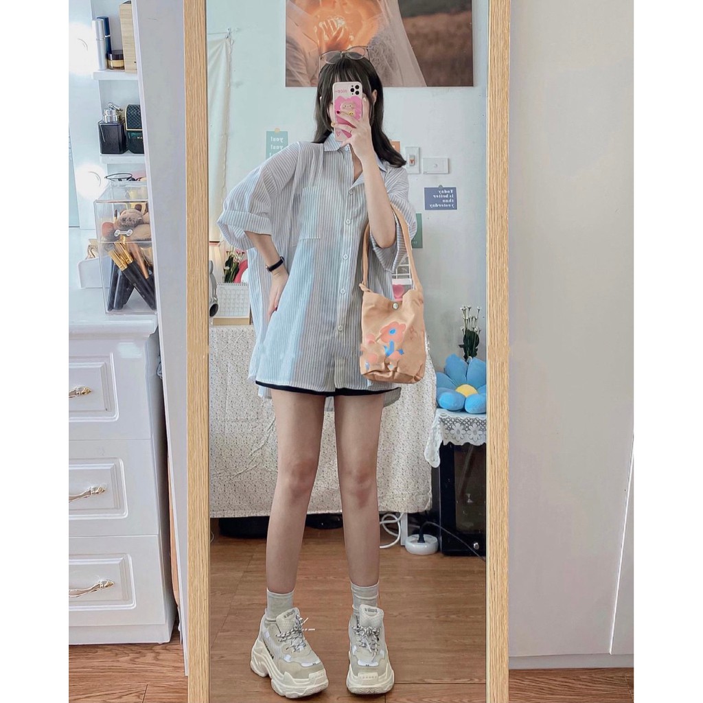 Áo sơ mi tay lỡ kẻ sọc chất thô mềm, áo sơ mi kiểu dáng oversize Hàn Quốc - Xưởng May Hạnh Hồng | BigBuy360 - bigbuy360.vn