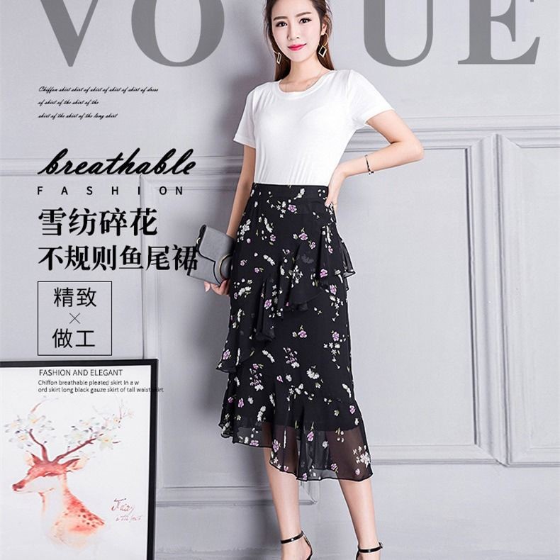 Chân váy chiffon lưng cao họa tiết bông sen thanh lịch