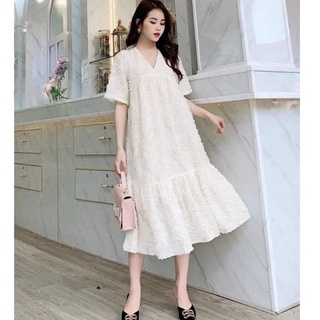 Váy bầu – Đầm bầu hè Thời Trang ( Ren Hai Lớp Cổ V Mã 123 )