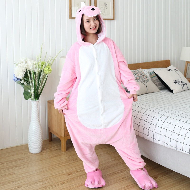 Bộ Đồ Ngủ Liền Thân Hóa Trang Khủng Long Hồng Bằng Vải Flannel Dành Cho Người Lớn