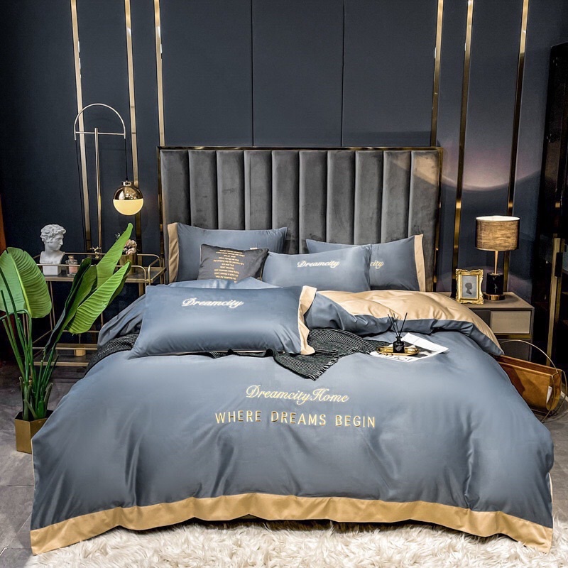 Bộ Chăn Ga Gối Phi Lụa Thêu Chữ Cao Cấp Lụa DreamCity Home Phong Cách Sang Chảnh Mịn Mát Bộ 5 Món tặng kèm vỏ gối ôm