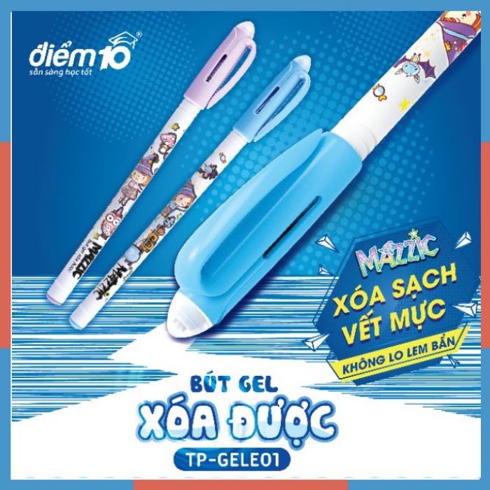 Bút gel xóa được Điểm 10 Mazzic GELE01, GELE02 ngòi 0.5mm đầu gôm xóa được hàng chính hãng Thiên Long