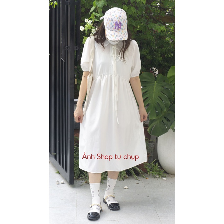Váy đầm babydoll trắng tay phồng dáng dài babydoll đầm phong cách dễ thương thắt nơ vải thô mát mùa hè