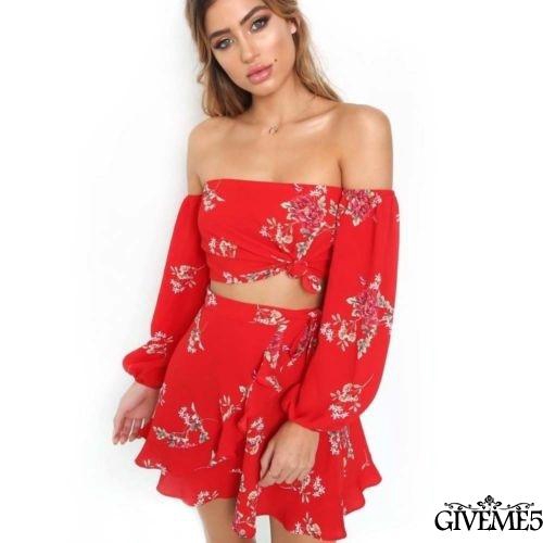 Set áo croptop trễ vai + chân váy thời trang đi biển cho nữ