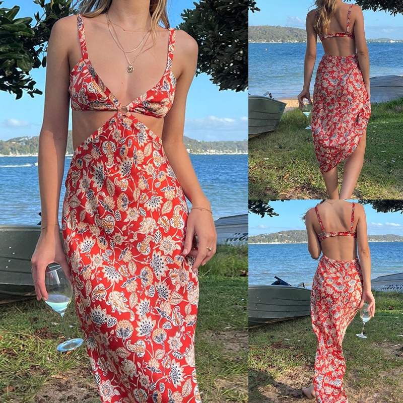 Đầm Midi Hai Dây Cổ Chữ V Lưng Cao Hở Lưng Họa Tiết Hoa Thời Trang Mùa Hè Quyến Rũ Cho Nữ