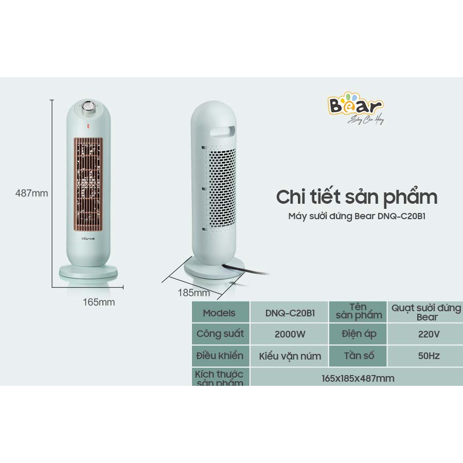 Quạt sưởi gốm - máy sưởi điện BEAR dáng đứng công suất 2000W màu xanh bảo hành 12 tháng